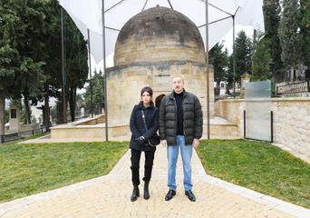 President Ilham Aliyev and first lady Mehriban Aliyeva viewed landscaping work carried out around Shahkhandan tomb in Shamakhi