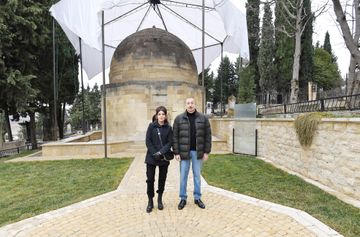President Ilham Aliyev and first lady Mehriban Aliyeva viewed landscaping work carried out around Shahkhandan tomb in Shamakhi