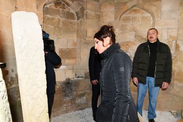 President Ilham Aliyev and first lady Mehriban Aliyeva viewed landscaping work carried out around Shahkhandan tomb in Shamakhi