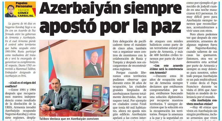 Peruvian media wrote about the history of Armenia's aggression against Azerbaijan and the ceasefire statement