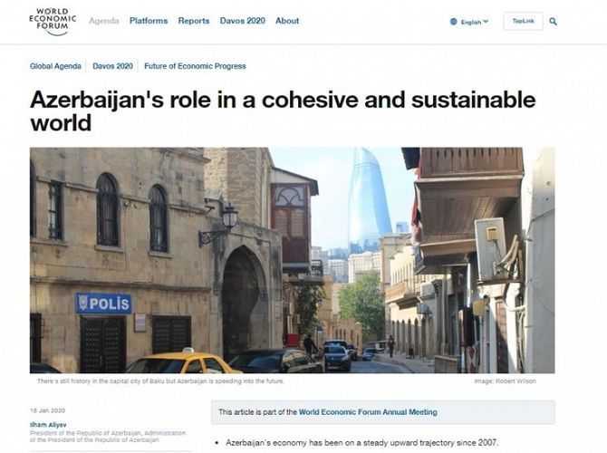 Official website of the World Economic Forum publishes article by Azerbaijan's President  Ilham Aliyev 