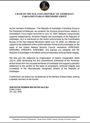 Malaysian Parliament adopts statement expressing strong support for Azerbaijan