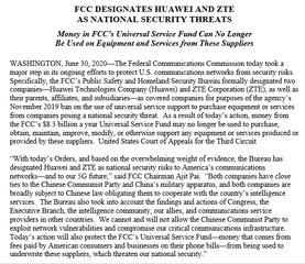 US Communications Agency designates Huawei, ZTE as national security threats