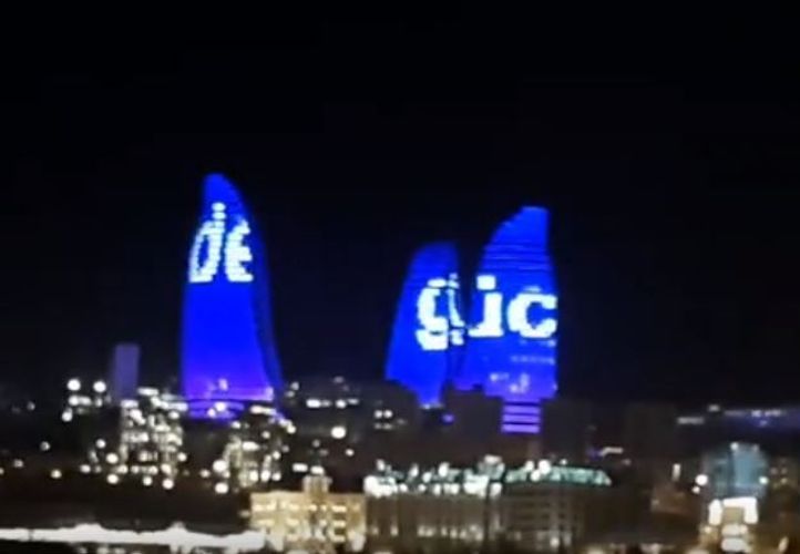 Slogan of President Ilham Aliyev “We are strong together” at the Flame Towers! - VIDEO