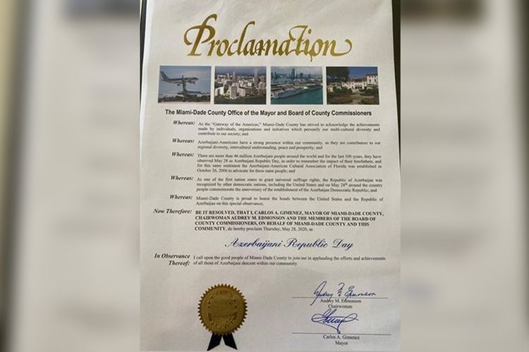 May 28 declared Republic Day of Azerbaijan in Miami-Dade city of USA