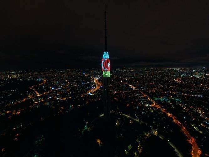 Chamlica Tower in Istanbul is illuminated with the colors of the Azerbaijani and Turkish flags