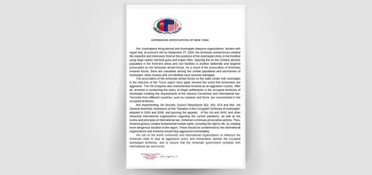Azerbaijan Association of New York condemns Armenia's aggression