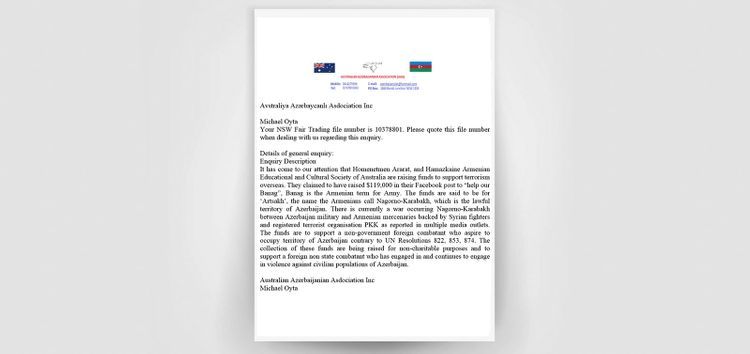 Azerbaijanis in Australia address to security bodies of the country