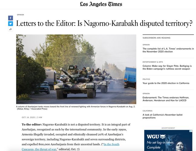 Article of Azerbaijan's Consul General on Armenia-Azerbaijan conflict was published by Los Angeles Times