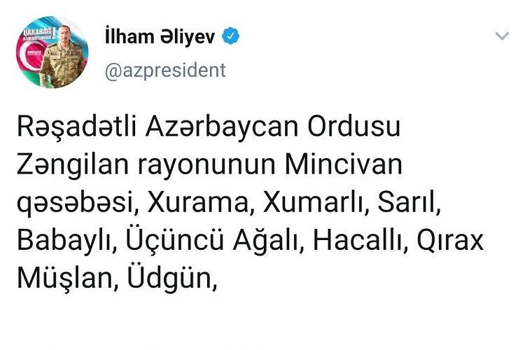 President: "A number of villages of Jabrayil, Fizuli and Zangilan regions were liberated"