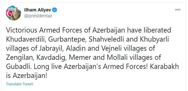 Azerbaijani Army has liberated 9 villages of Jabrail, Zangilan and Gubadly