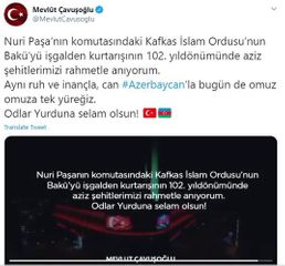 Mevlut Cavusoglu shared post regarding liberation of Baku from occupation
