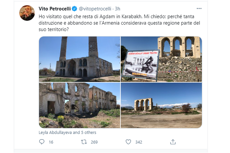 President of the Committee on Foreign Affairs and Emigration of the Italian Senate: If Armenia considered Aghdam of its territory, so why destroyed it