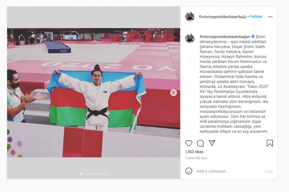 First Vice-President Mehriban Aliyeva congratulated Azerbaijani athletes who made achievements at Tokyo 2020 Summer Paralympic Games