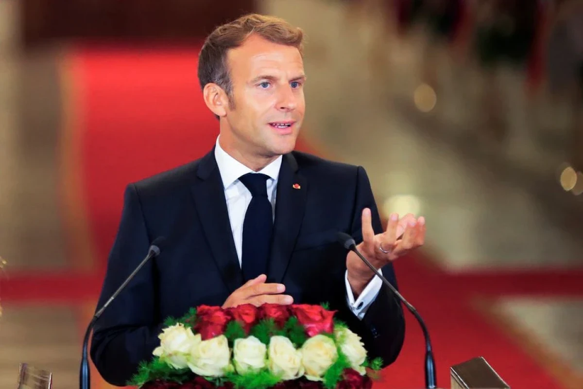 France's President Emmanuel Macron speaks during a news conference with Iraq's President Barham Salih (not seen) ahead of the Baghdad summit at the Green Zone in Baghdad, Iraq August 28, 2021.