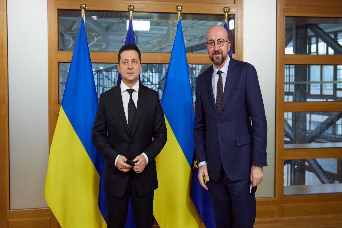 Ukrainian President Volodymyr Zelensky, President of the European Council Charles Michel