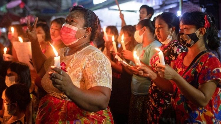 Crowd protests against military rule in Myanmar