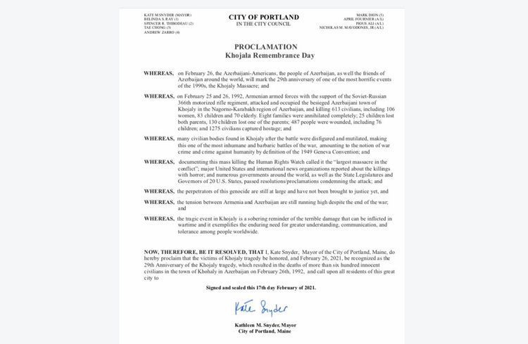 U.S. state of Maine adopts statement on the Khojaly Genocide