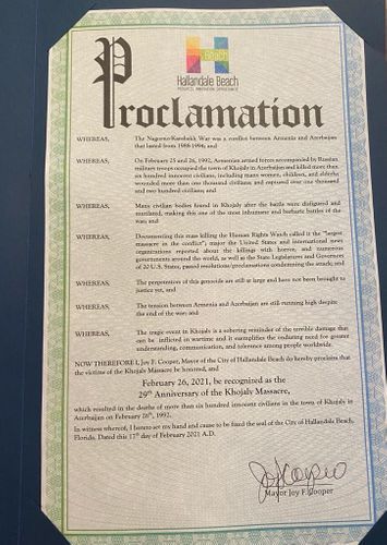 Mayor of Florida’s Hallandale Beach city signed proclamation on Khojaly genocide