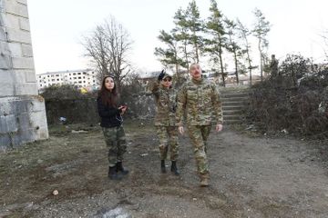 Azerbaijani President inspects the destroyed building of the Shusha Realni School - victim of Armenian vandalism