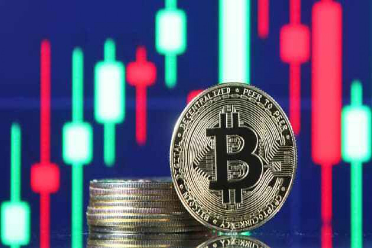 An illustration showing the cryptocurrency bitcoin with a price chart in the background