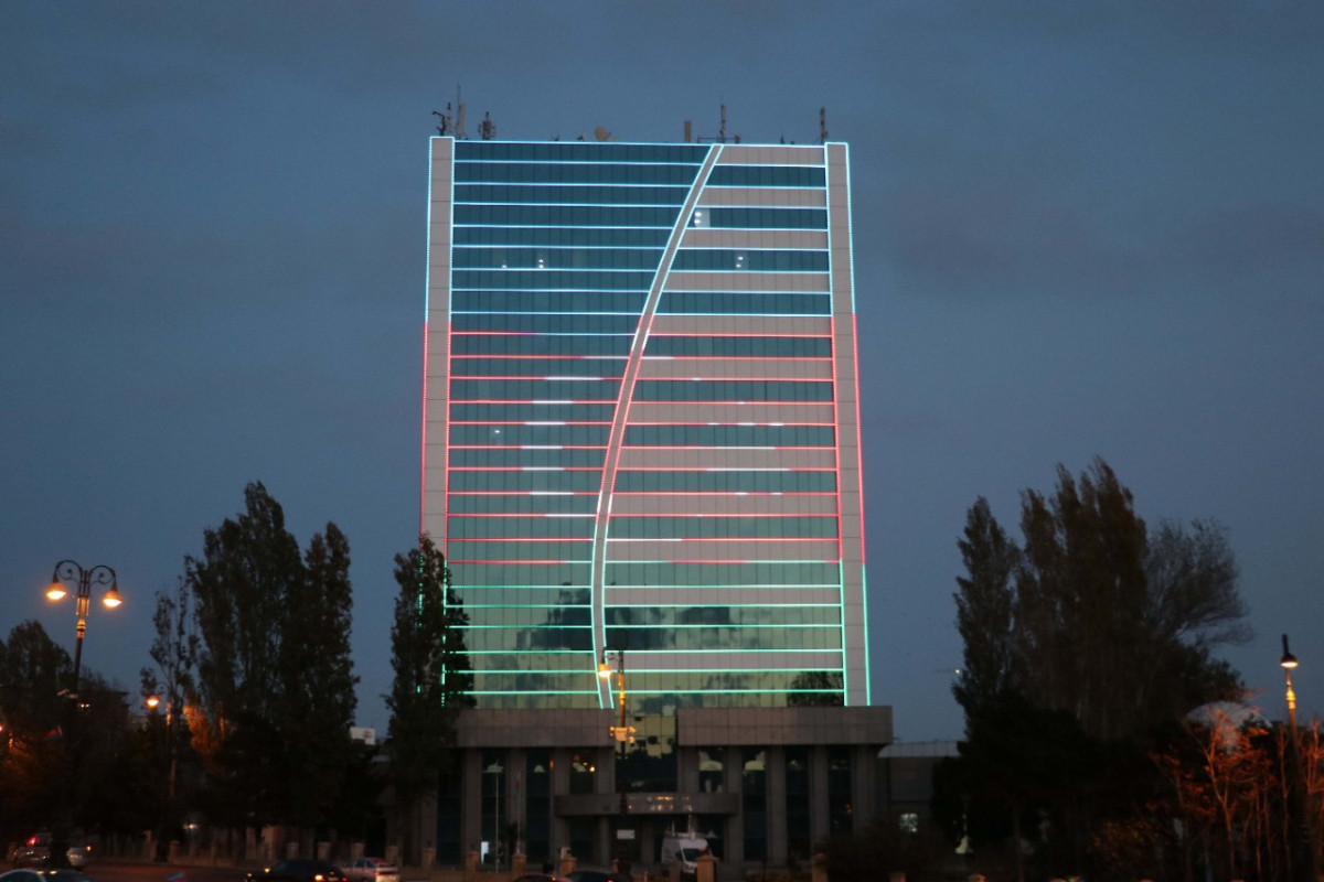 Azerbaijani flag projected on some buildings in Baku