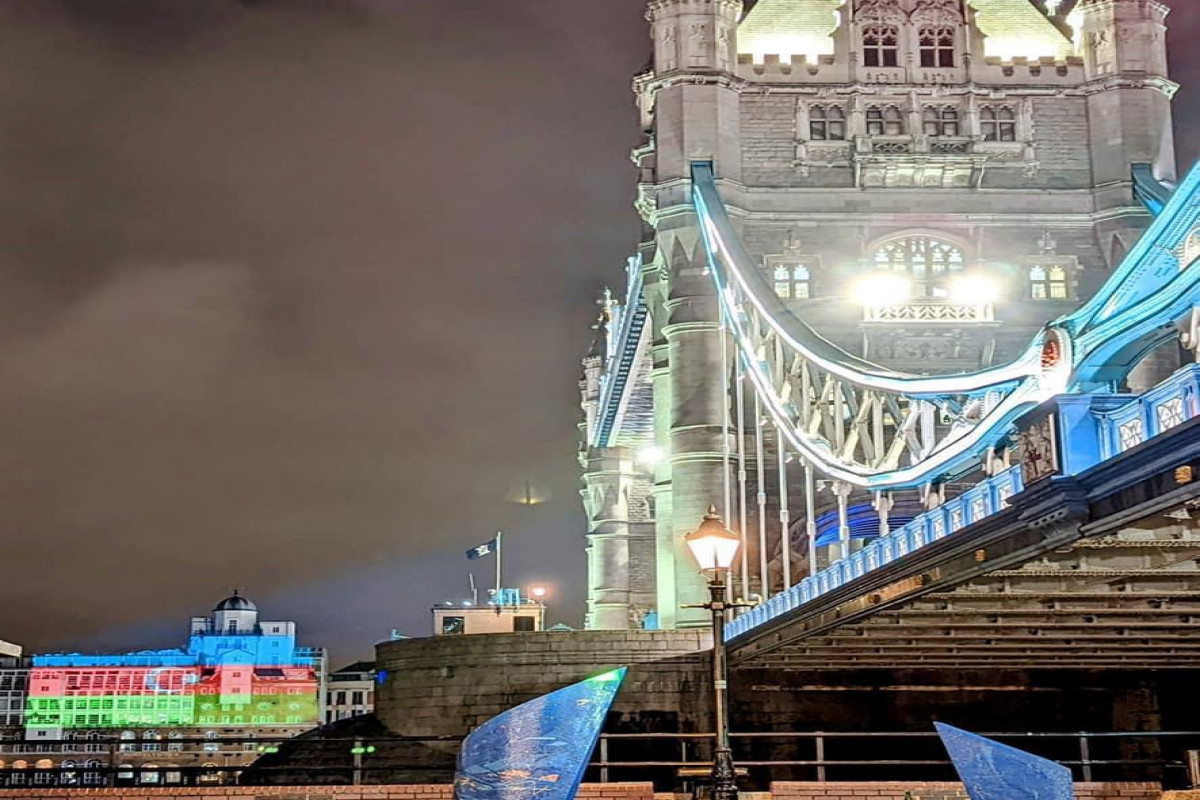 Azerbaijani flag and Kharibulbul symbols projected in central streets of London