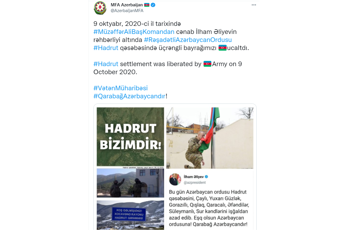 Azerbaijan's MFA makes Twitter post on anniversary of Hadrut's liberation