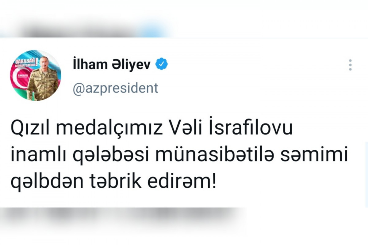 Azerbaijani President congratulates Vali Israfilov who won gold medal in Paralympic Games