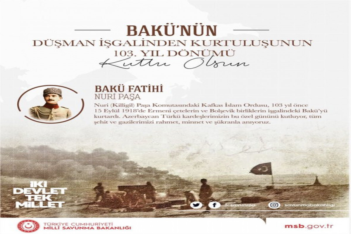 Turkish MoD releases congratulatory message on the occasion of 103rd anniversary of Baku's liberation