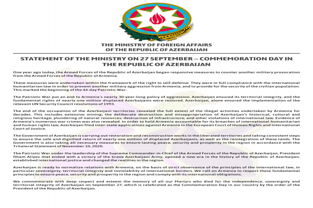 Azerbaijani MFA releases Statement regarding Commemoration Day-PHOTO 