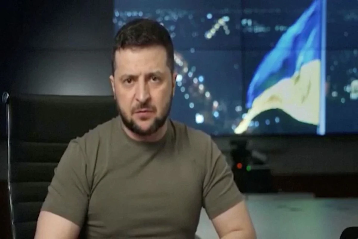 Ukrainian President Volodymyr Zelenskiy speaks during an address