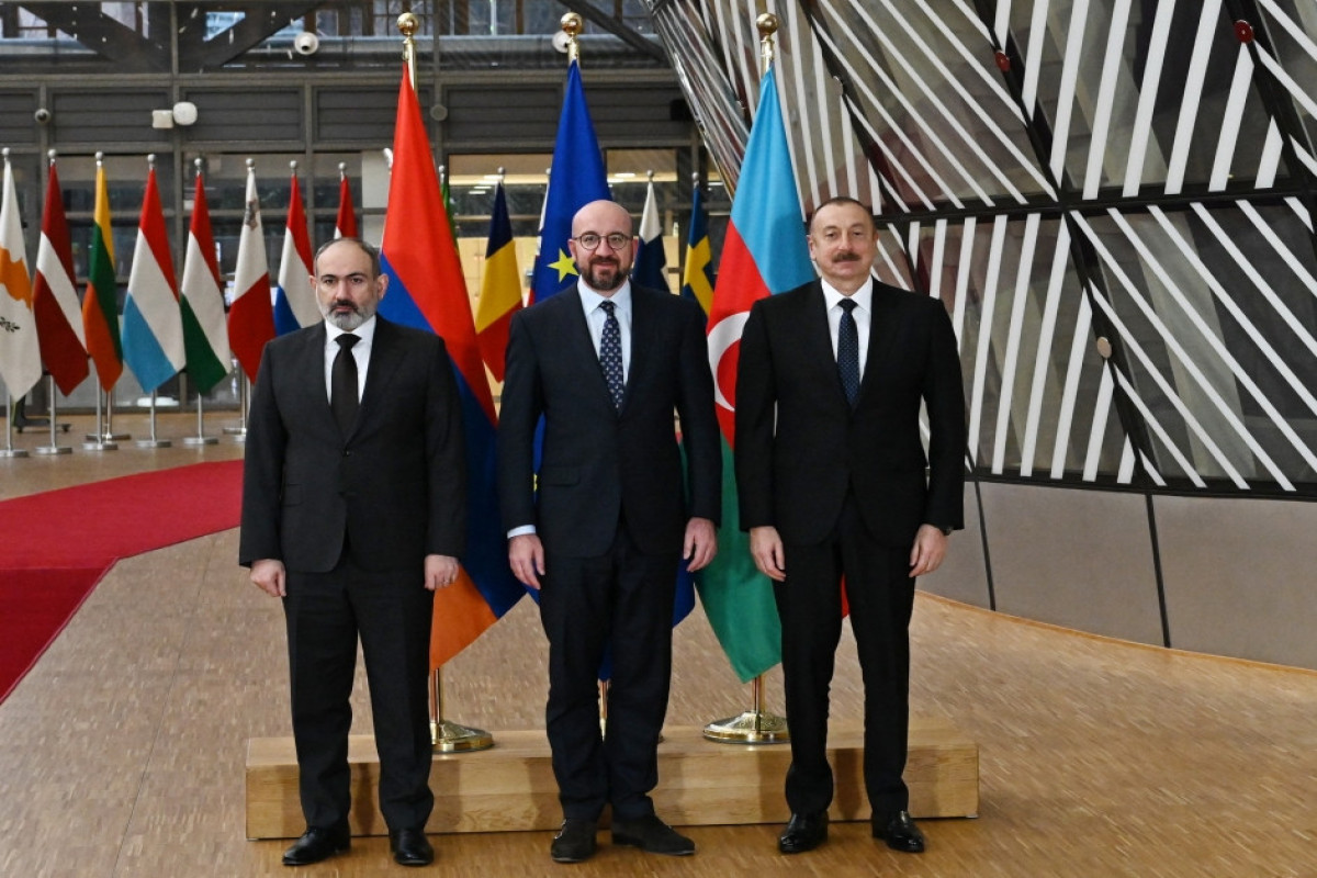 Armenian Prime Minister Nikol Pashinyan and European Council President Charles Michel and Azerbaijani President Ilham Aliyev