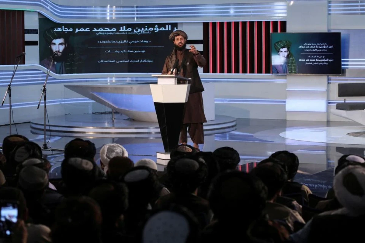 Afghan Taliban's Acting Minister of Defense Mullah Mohammad Yaqoob speaks during the death anniversary of Mullah Mohammad Omar, the late leader and founder of the Taliban, in Kabul, Afghanistan, April 24, 2022