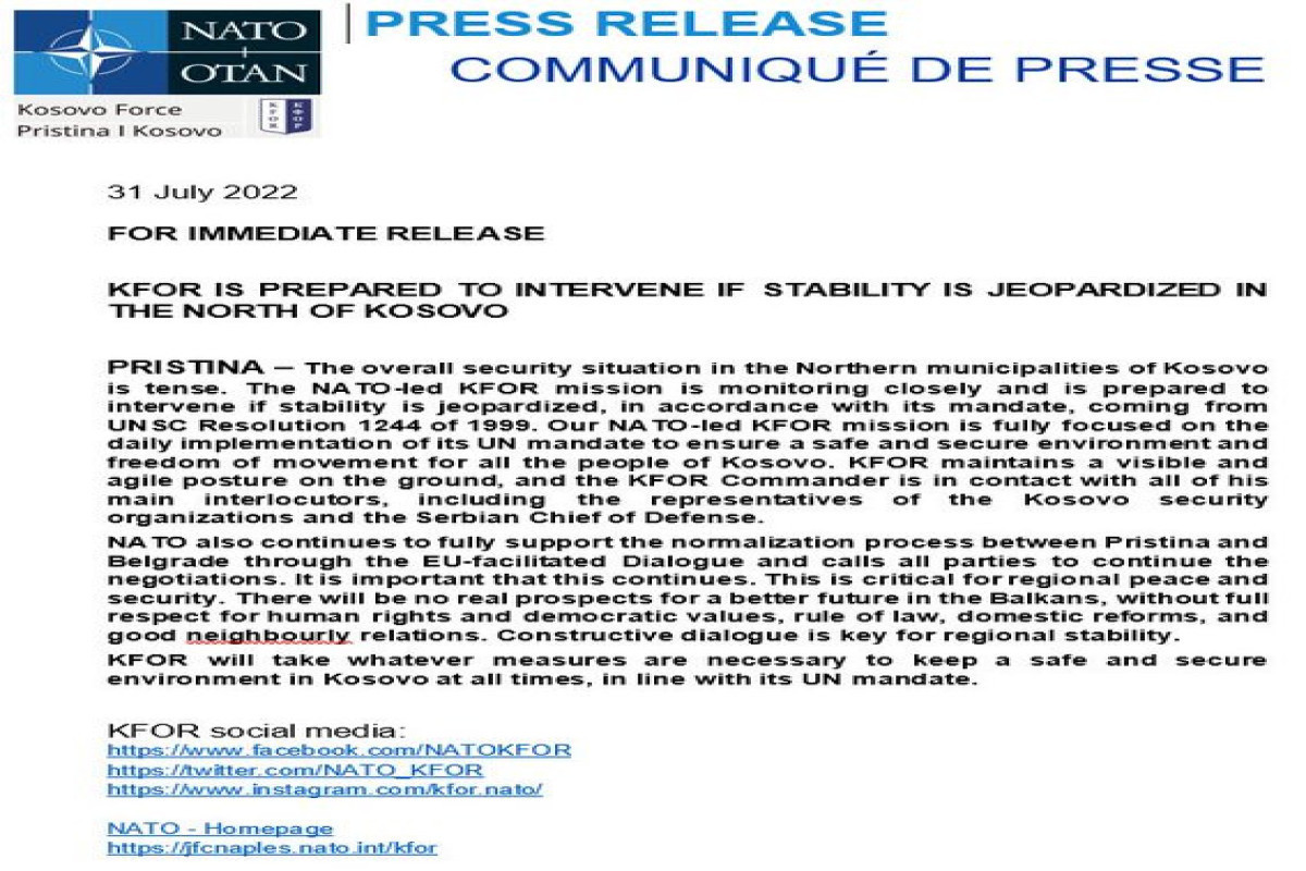 NATO mission commented on the situation in Kosovo