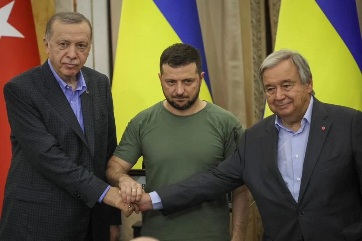 Volodymyr Zelenskiy, Ukrainian President, Tayyip Erdogan, Turkish President and Antonio Guterres, UN Secretary-General