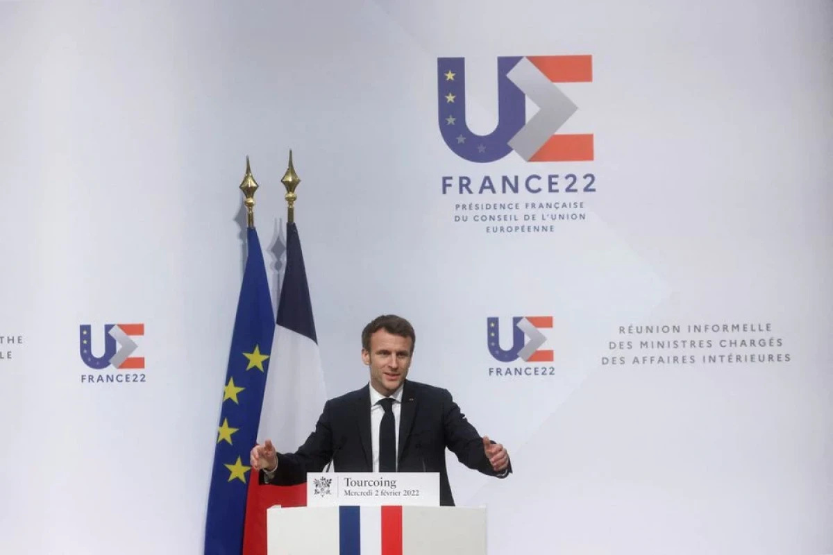 French President Emmanuel Macron gestures at the Informal Meeting of Ministers for Home Affairs in Tourcoing, France, February 2, 2022