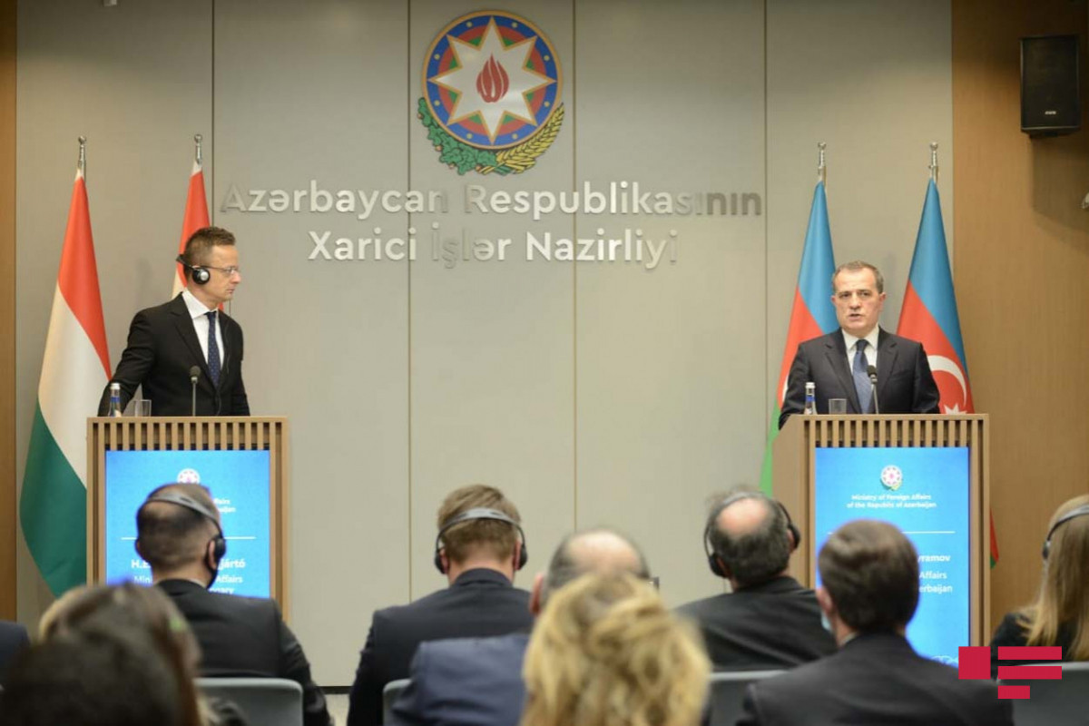 joint press conference between Azerbaijani FoPeter Siarto, Hungarian Foreign and Trade Minister reign Minister Jeyhun Bayramov and