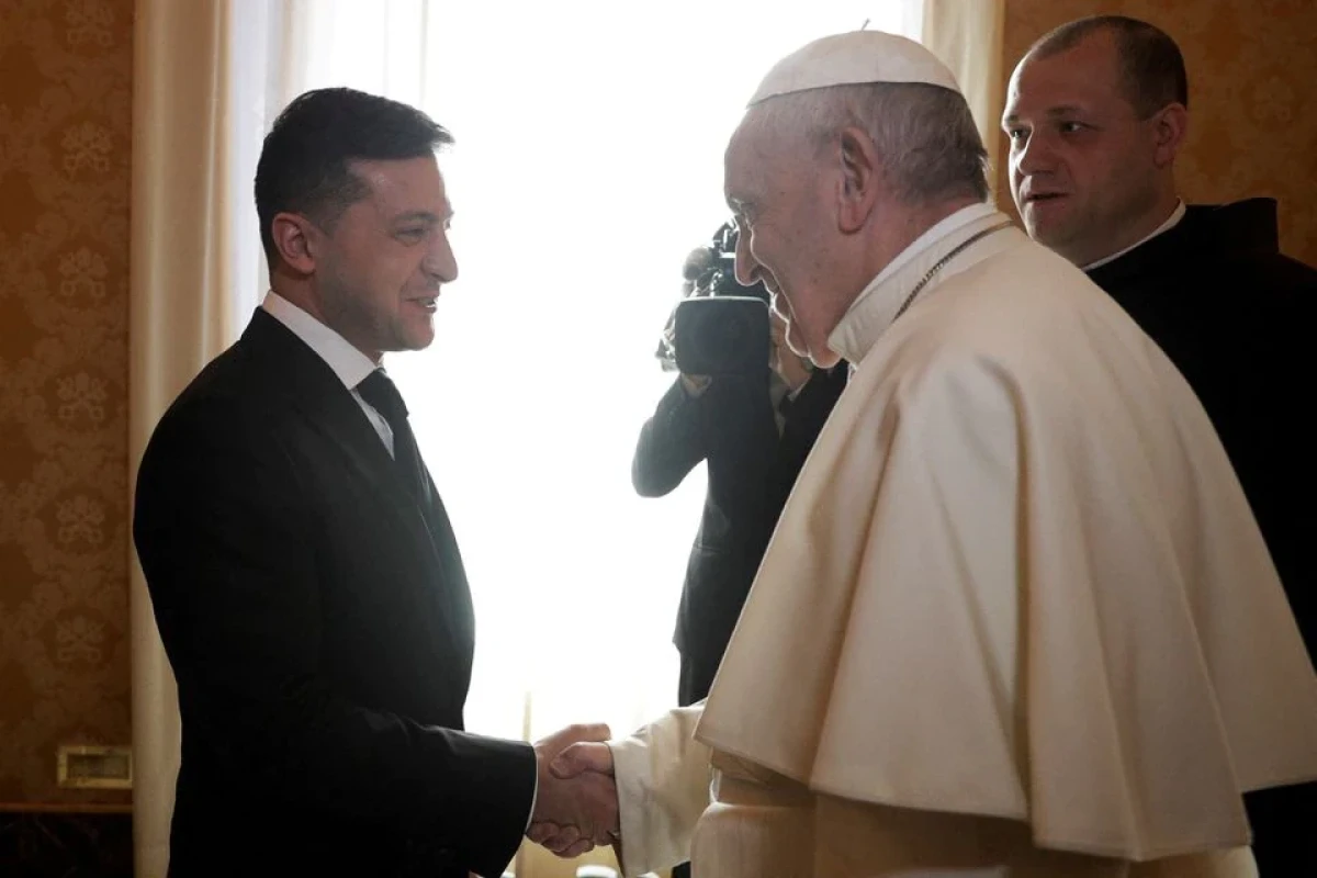 Pope Francis meets with Ukrainian President Volodymyr Zelensky during a private audience at the Vatican, February 8, 2020