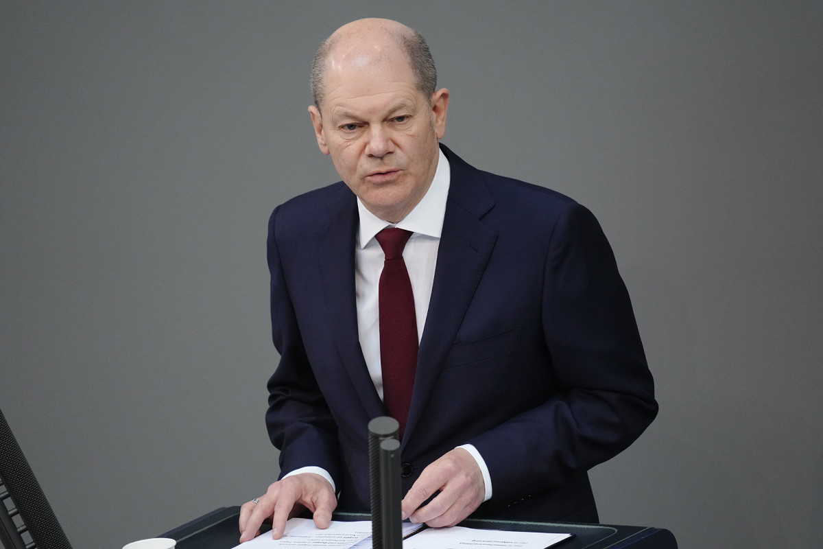 German Chancellor Olaf Scholz speaks during a special session of the Bundestag on the war in Ukraine, on February 27