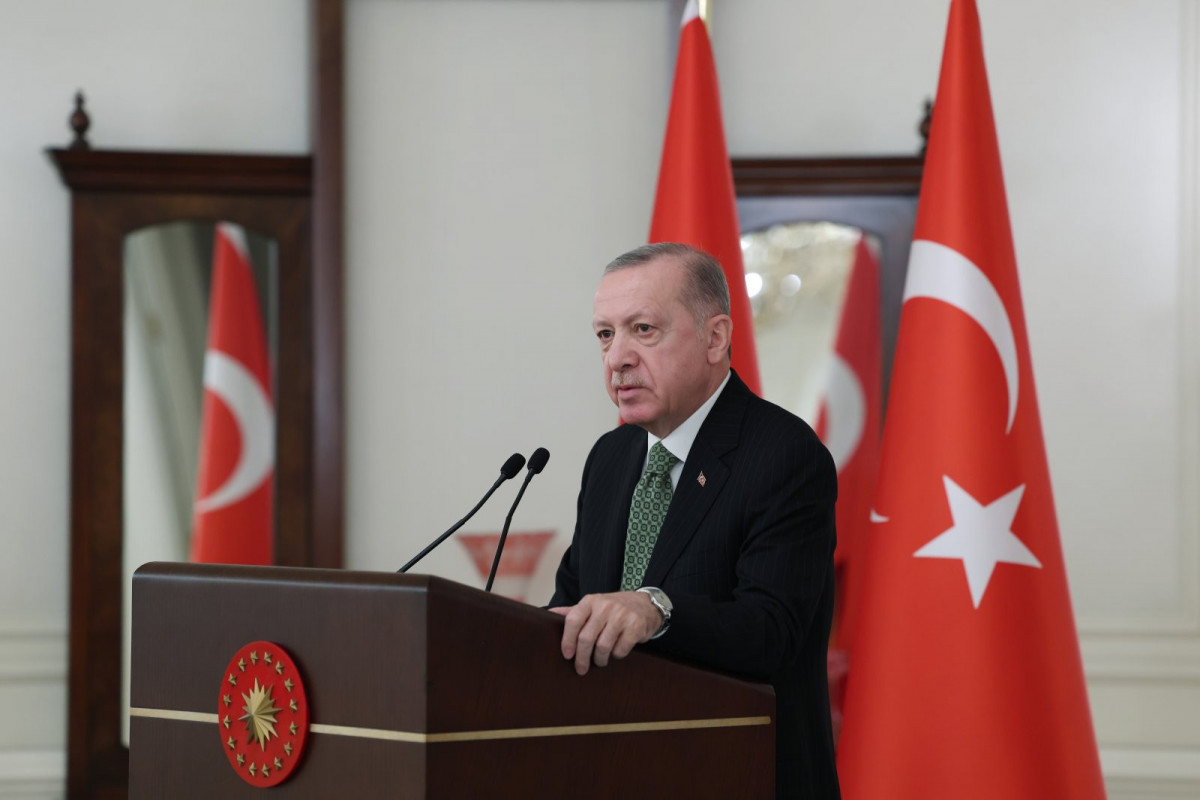 President Recep Tayyip Erdoğan delivers a speech during a meeting with European Union member states' ambassadors in Ankara, Turkey, Jan. 13, 2022