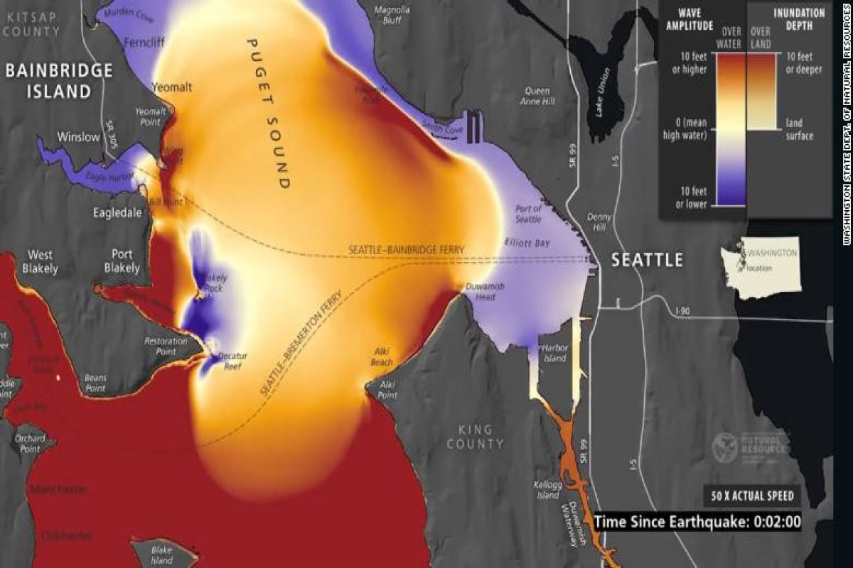 Simulation shows tsunami waves as high as 42 feet could hit Seattle in minutes should a major earthquake occur on the Seattle Fault