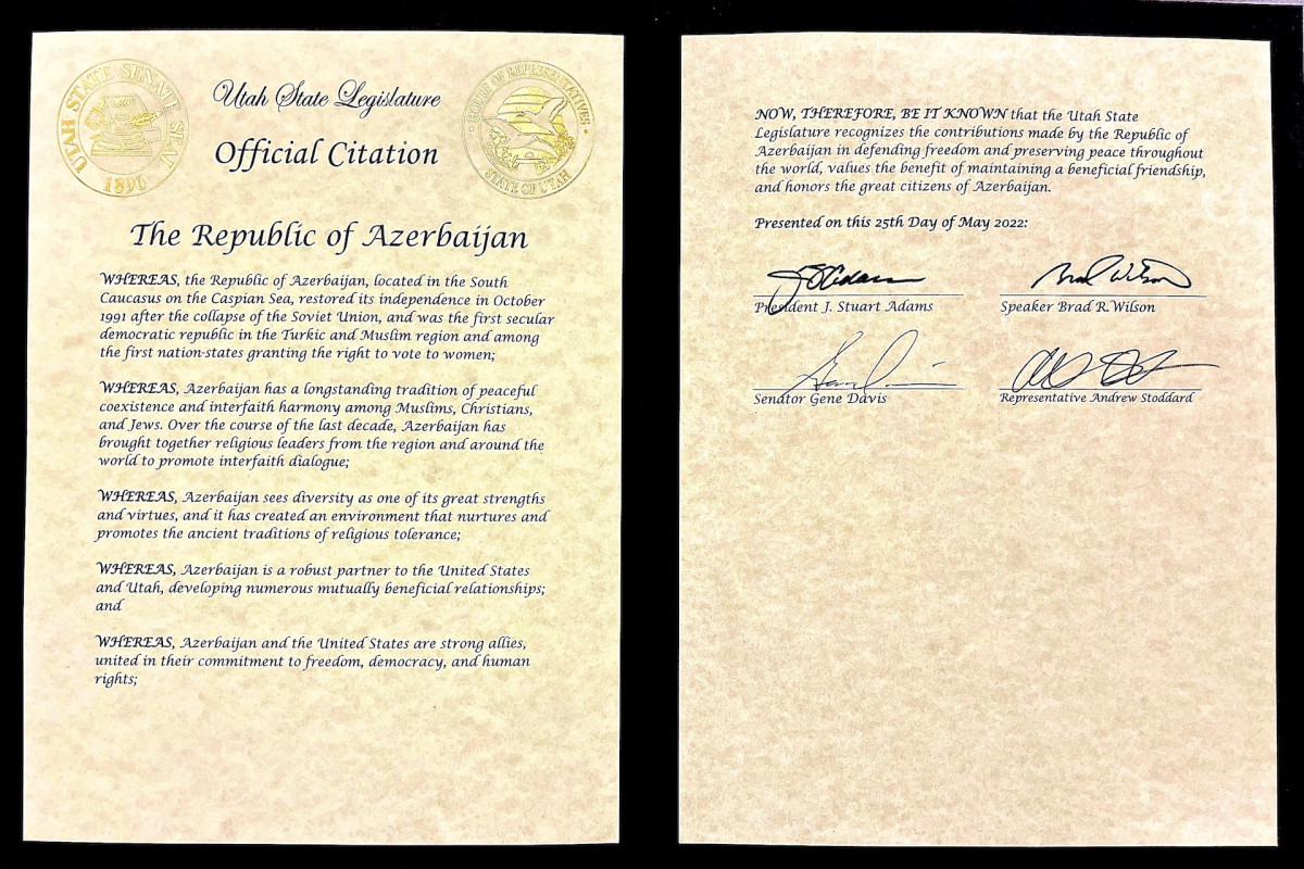 Utah State Legislature commends Azerbaijan’s efforts to promote peace and tolerance