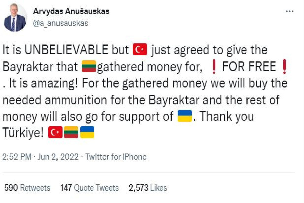 Defence Minister: Turkiye to give Bayraktar to Lithuania for free