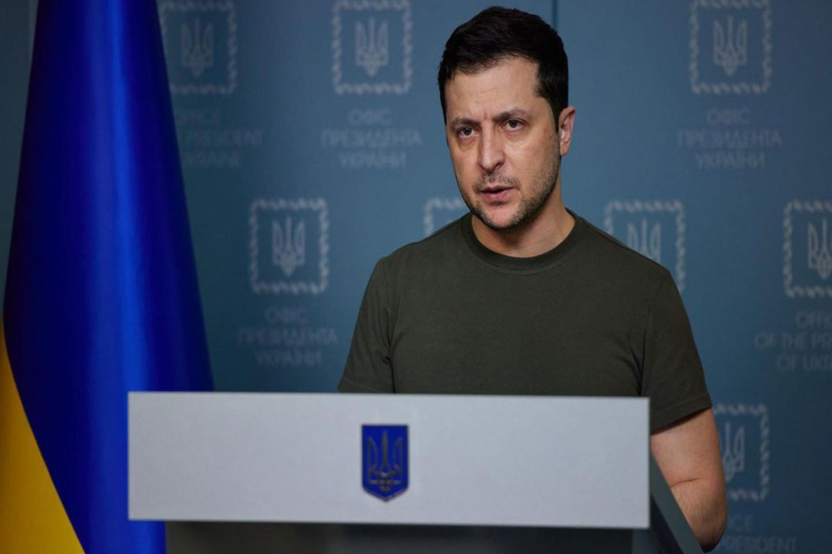 Ukrainian President Volodymyr Zelensky makes a speech in Kyiv on Monday