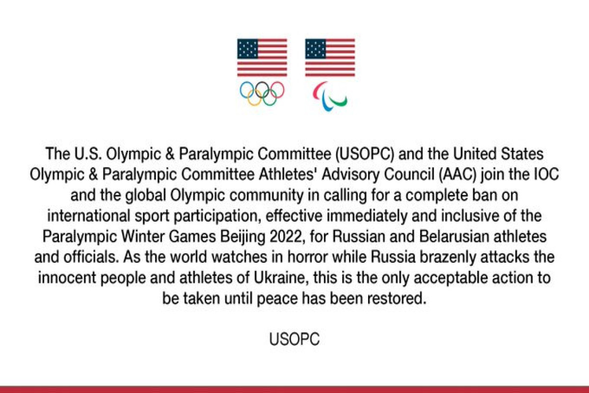 US Olympic & Paralympic Committee calls for complete ban on Russian and Belarusian athletes