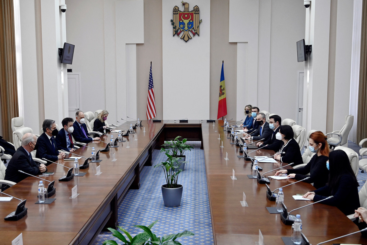 Moldovan Prime Minister Natalia Gavrilita, third from right, meets with US Secretary of State Antony Blinken in Chisinau, Moldova on March 6.