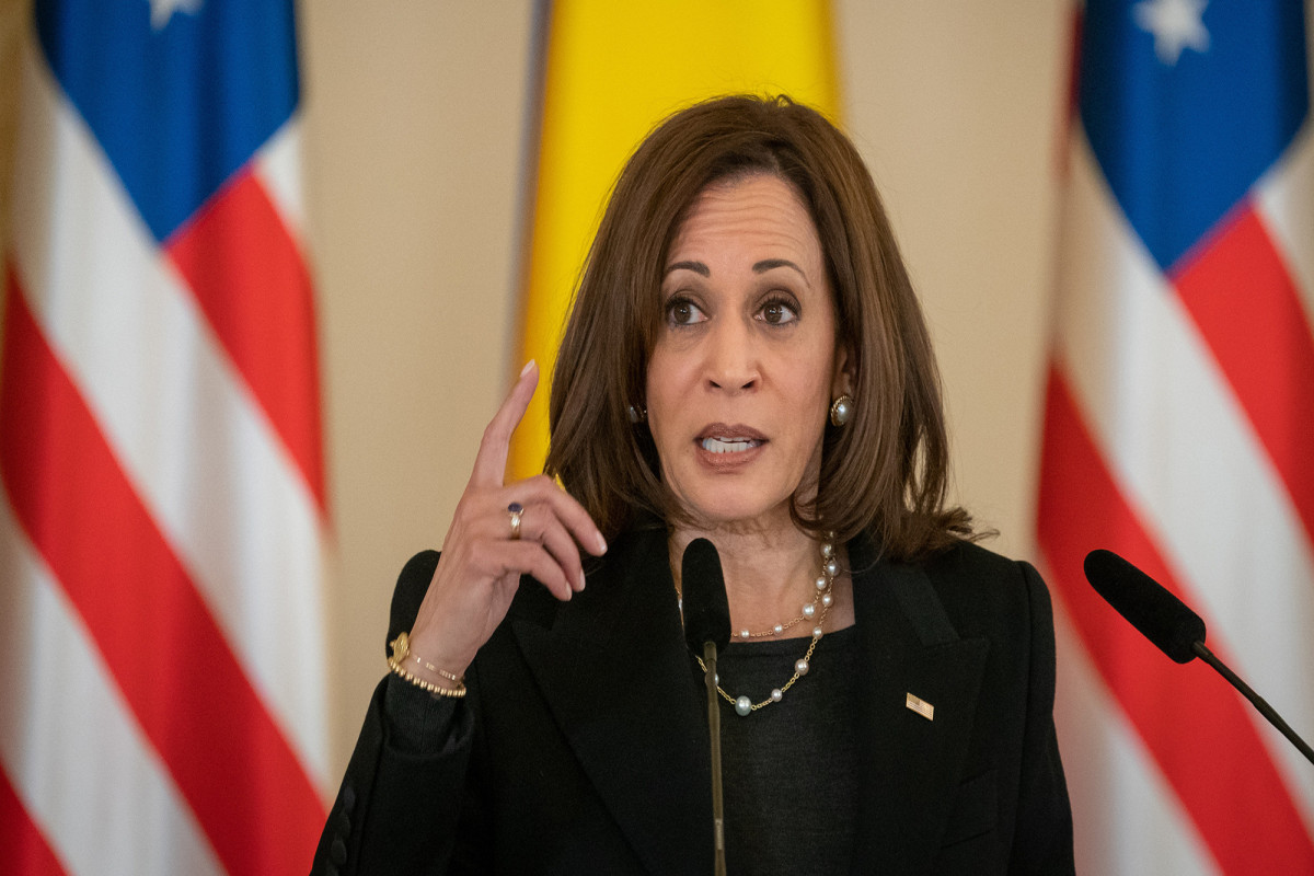 US Vice President Kamala Harris speaks during a news conference in Bucharest, Romania on March 11