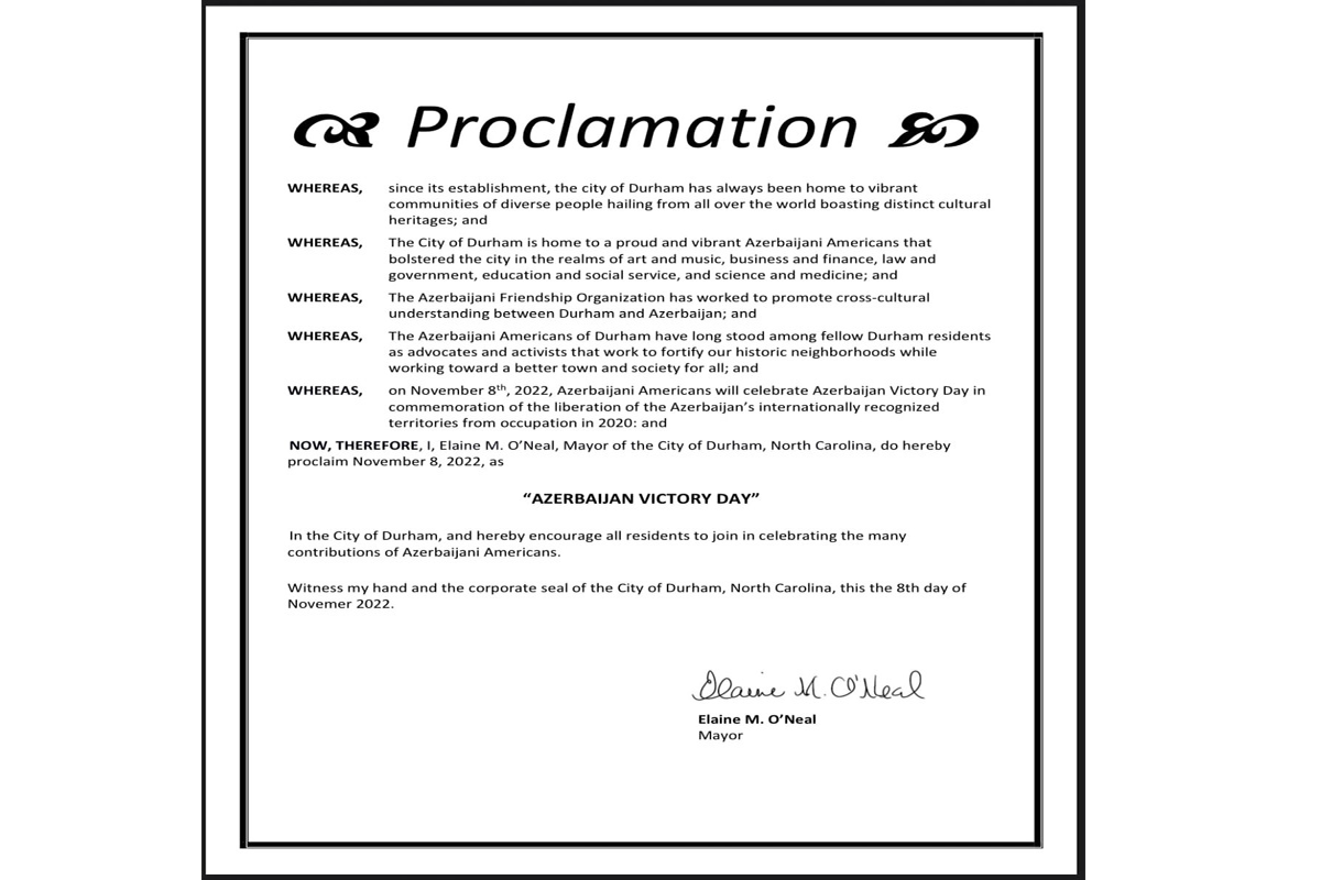 November 8 proclaimed Azerbaijan Victory Day in city of Durham, North Carolina