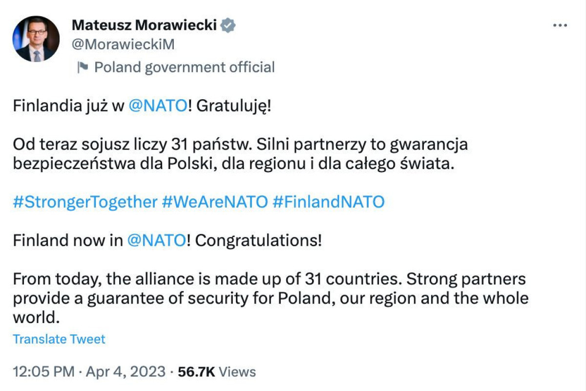 Polish Prime Minister: Finland became a NATO member